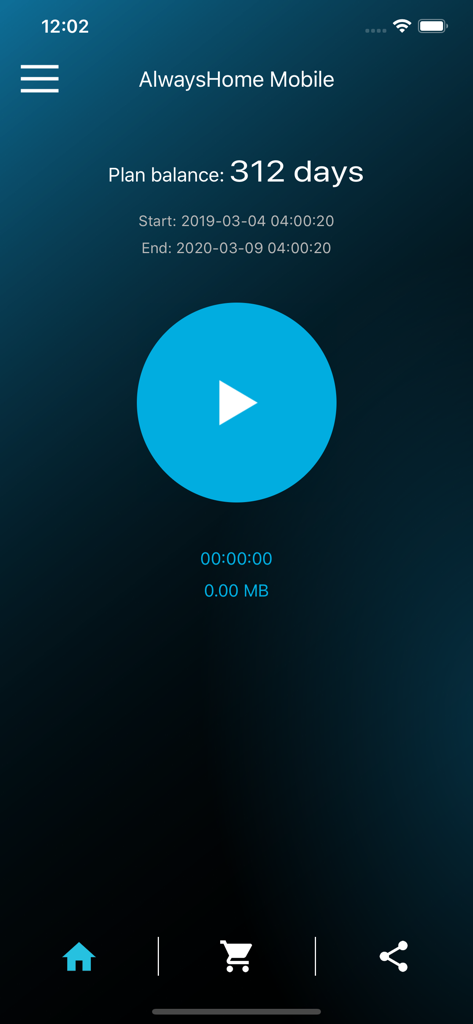 AlwaysHome Mobile - AlwaysHome Mobile app interface showing subscription plan balance and a large central connect button