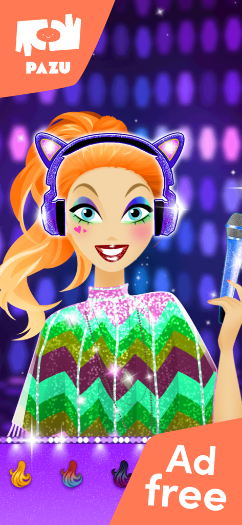 Makeup girls star dress up - A popstar girl character with orange hair and cat ear headphones holding a microphone