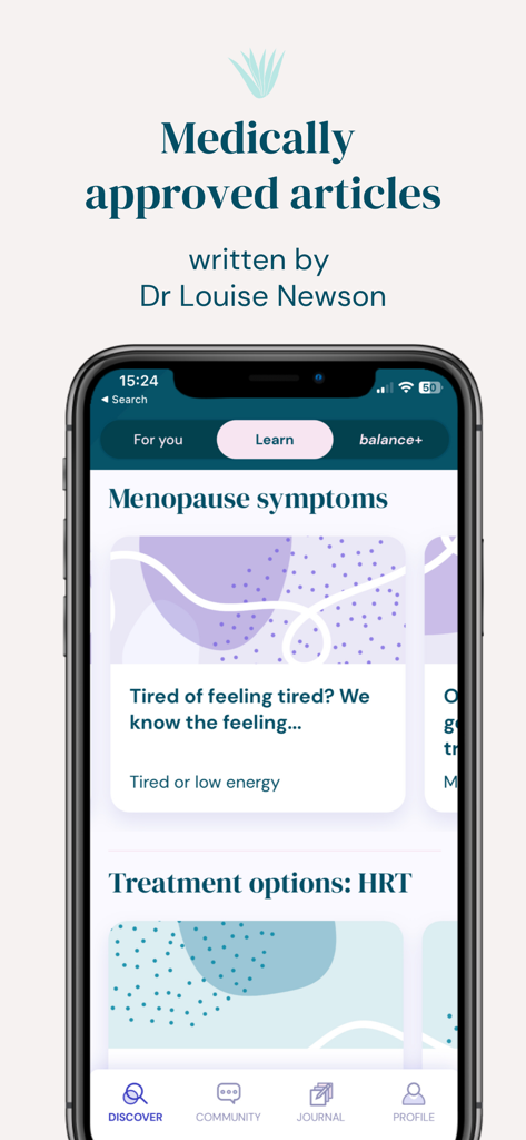Balance app interface displaying medically approved articles on menopause symptoms and HRT treatment options