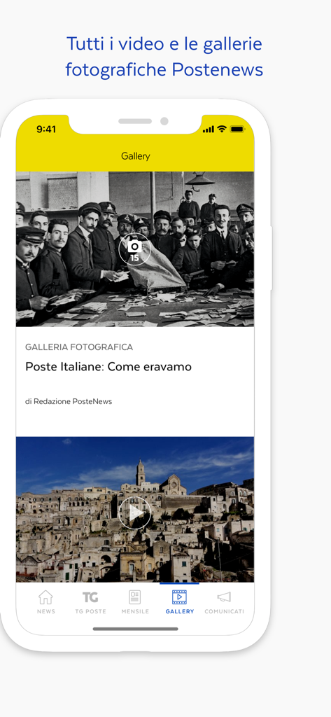 TG Poste - Multimedia gallery in the TG Poste app showing historical photos and news videos of Poste Italiane.