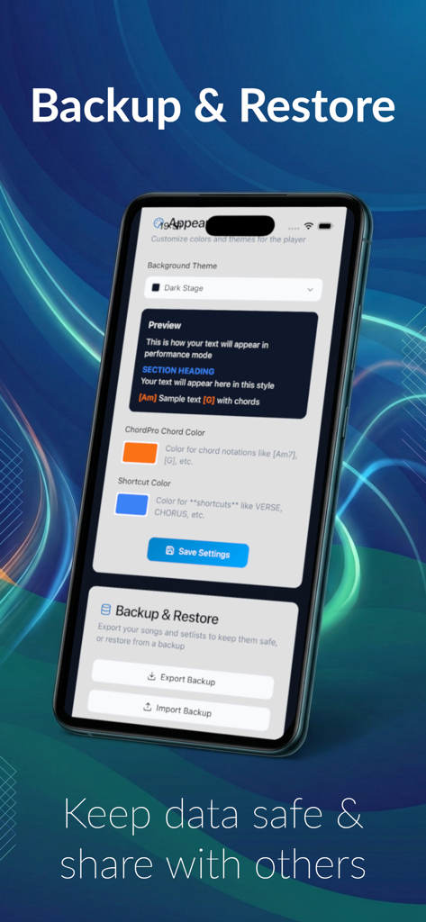 LyricsFlow Pro - Interface of LyricsFlow Pro showing backup restore and appearance settings for musicians