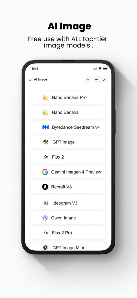 Gensparkモバイルアプリインターフェース。GPT Image、Flux、GeminiなどのトップティアAI画像モデルのリストが表示されています。