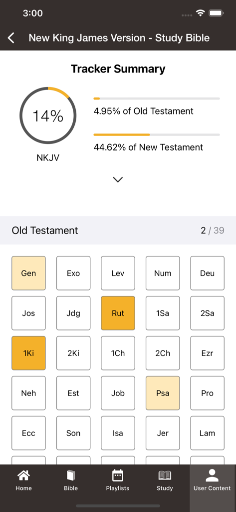 Bible - The Word of Promise® - Reading progress dashboard in the Bible app showing completion percentages for the Old and New Testament.