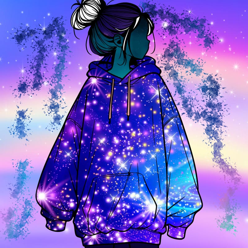 realistic girl with a oversized sweatshirt on and a bun