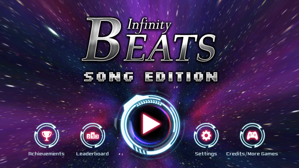 Infinity Beats Song Edition - 인피니티 비트 송 에디션의 메인 메뉴 화면으로, 미래적인 우주 배경과 업적 및 리더보드를 위한 원형 탐색 버튼이 특징입니다.