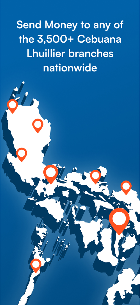eCebuana - A map of the Philippines with location pins showing over 3,500 Cebuana Lhuillier branches for nationwide money transfers.