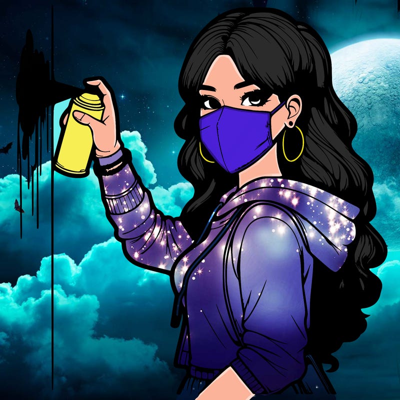 realistic girl with mask spray painting a wall