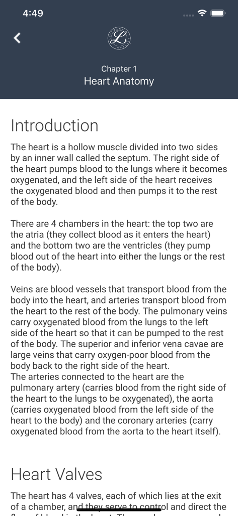 Módulo de texto introductorio sobre anatomía cardíaca y válvulas dentro de la aplicación móvil Littmann University.