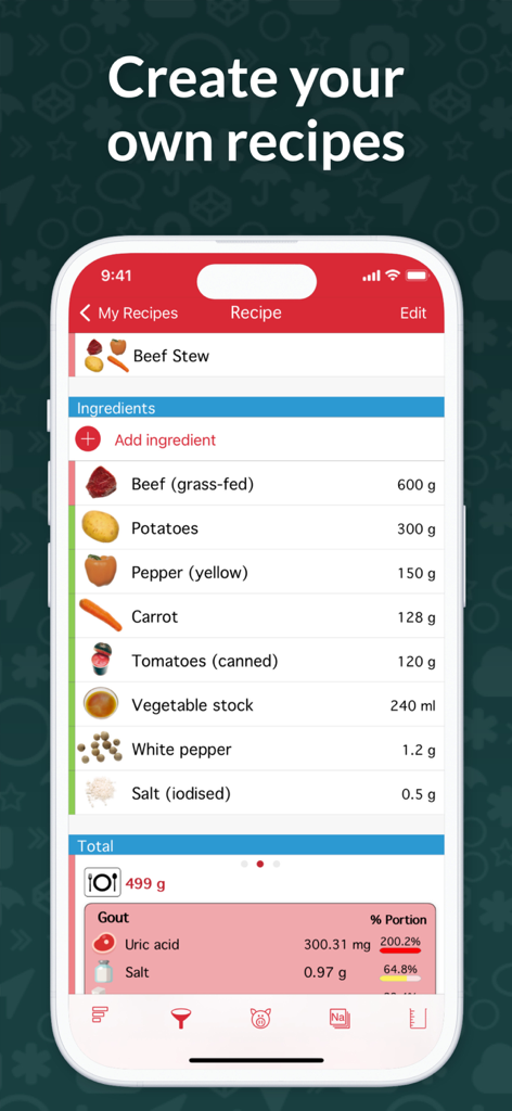 OxiPur – Gout & Kidney Stones - OxiPur app interface showing a beef stew recipe with uric acid and salt levels for gout management
