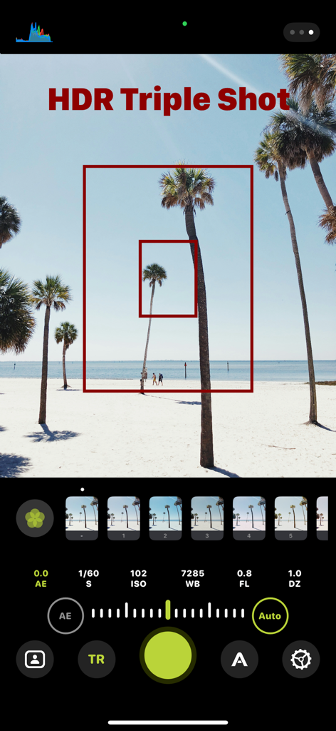 DSLR Camera app interface showing the HDR Triple Shot feature with manual ISO and shutter controls over a beach landscape.