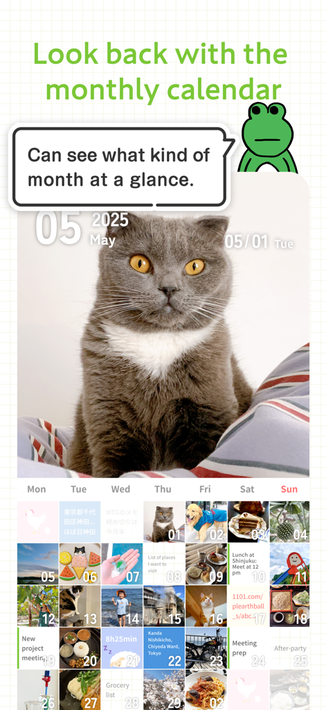 毎日の写真の思い出と猫の大きな特徴的な写真が表示された、ほぼ日手帳アプリの月間カレンダービュー。