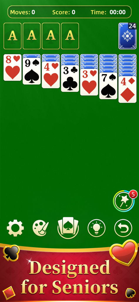 Interface do jogo de cartas Paciência Clássico com cartas e texto grandes projetados para idosos