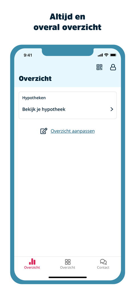 Panel de la aplicación móvil BLG Wonen que muestra la pantalla de resumen de la hipoteca con opciones para ver los detalles de la hipoteca