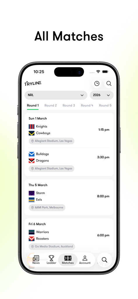 Tryline: NRL Scores & Stats - Tryline app All Matches screen showing the 2026 NRL Round 1 schedule with match times and stadium locations.