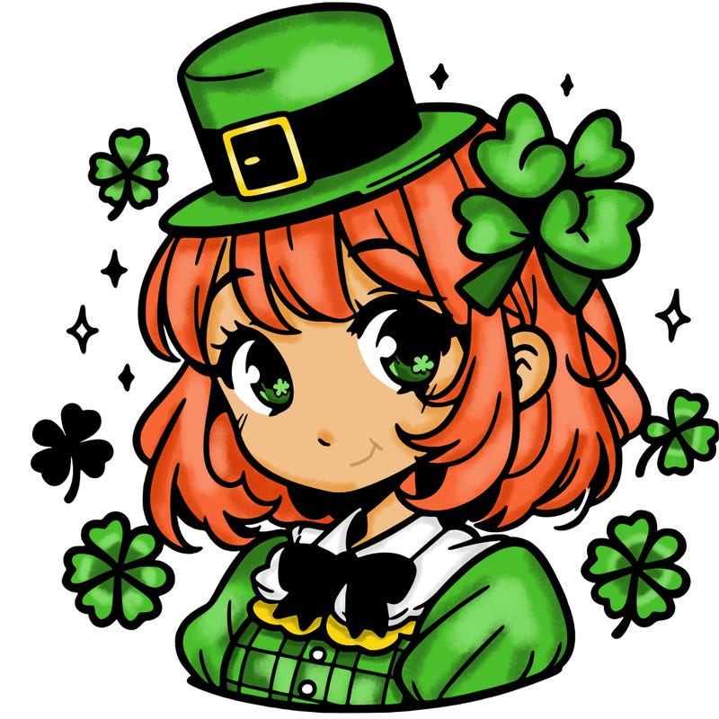 a manga-style girl with clovers around her, a little hat in her hair, like it's saint patrick's day