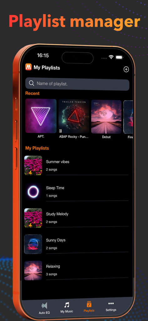 Musi EQ Player - Auto Music EQ - Musi EQ Player playlist manager interface with recent music and custom playlists