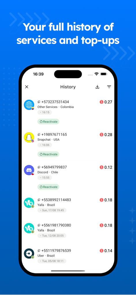 Receber SMS - Temp numbers OTP - Interface showing a history of temporary phone numbers and verification costs for different apps