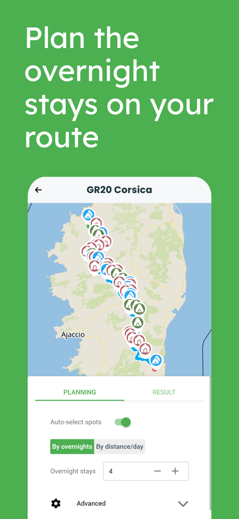 TrekSpots app interface showing a map of a hiking trail with overnight camping spot markers and a planning tool