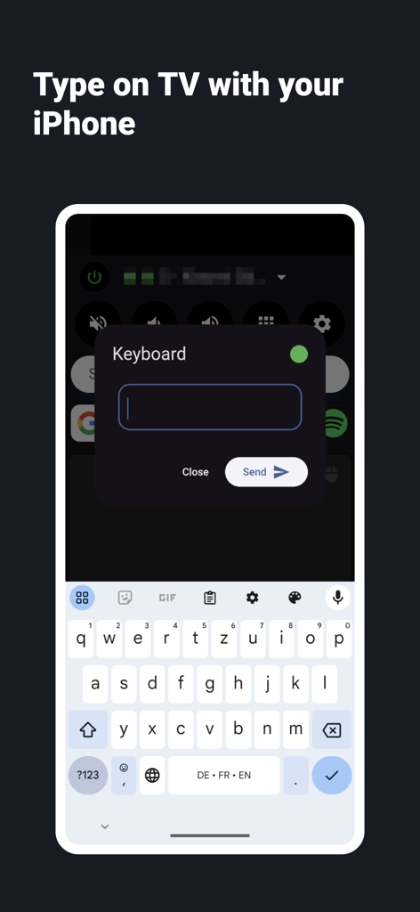 Interface of Zeus Remote app for Android TV showing an iPhone keyboard to type on the television screen