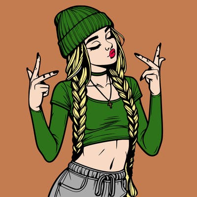 realistic teenage girl with braids and a beanie and crop top doing 🫶🏼