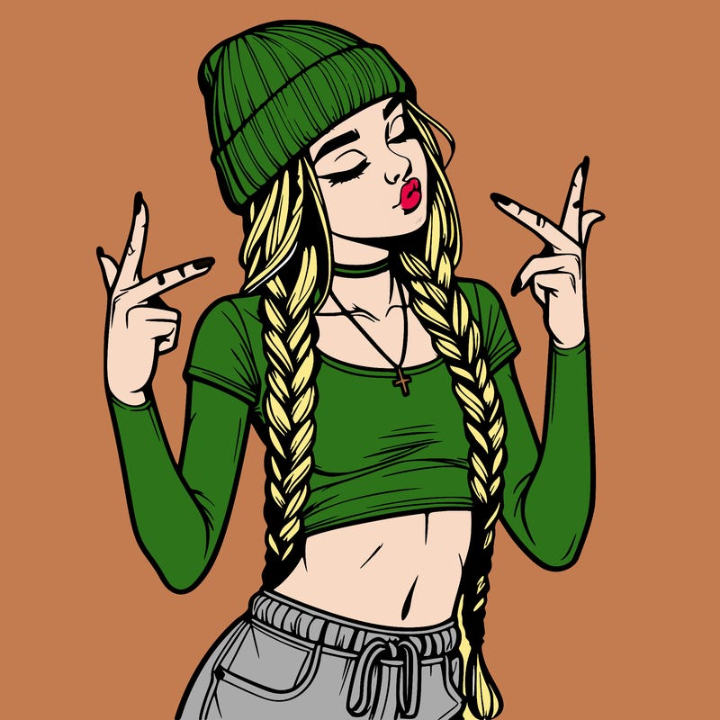 realistic teenage girl with braids and a beanie and crop top doing 🫶🏼
