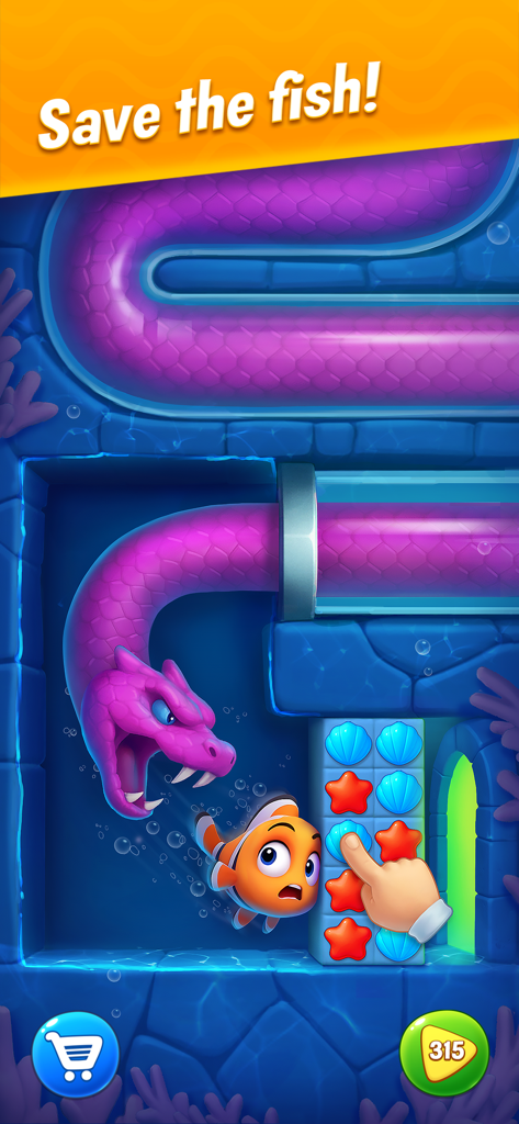 Fishdom - Un nivel de puzle match-3 en Fishdom mostrando un pez payaso siendo rescatado de una serpiente marina morada.