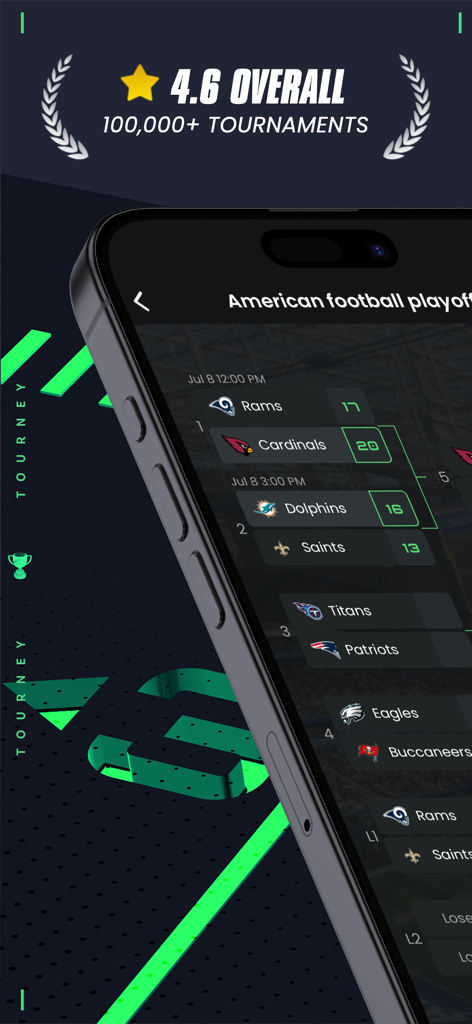 Tourney app interface showing an American football playoff bracket with team names and scores on a smartphone.