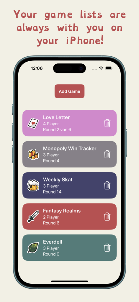 Tally Board: Score Counter - iPhone screen showing a list of board games being tracked in the Tally Board app