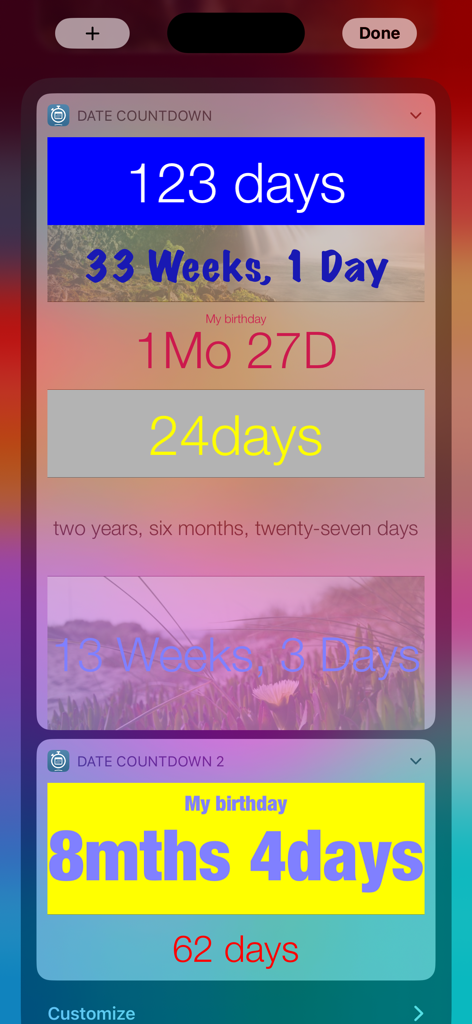 Date Countdown Widget - A variety of customizable countdown widgets for birthdays and milestones displayed on an iPhone screen