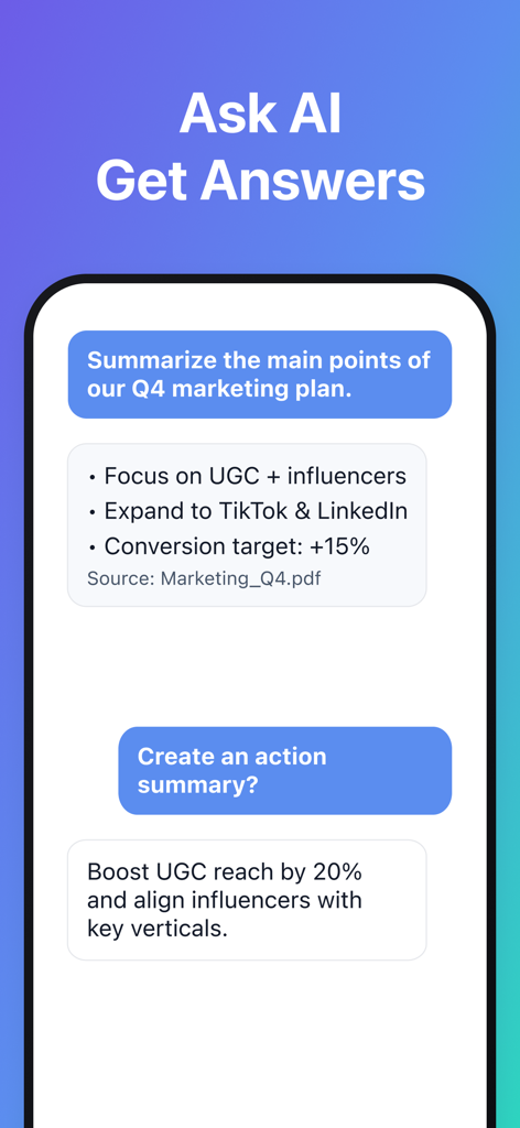 DoMore - Next-Gen AI Notebook - Una interfaz móvil de la aplicación DoMore que muestra a un usuario pidiéndole a la IA que resuma un plan de marketing y genere elementos de acción a partir de un PDF.