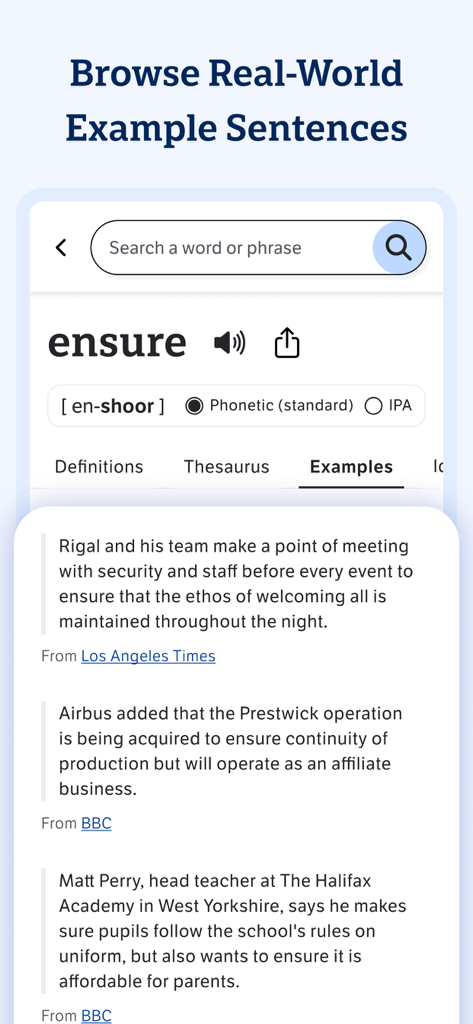 Dictionary.com: English Words - L'interface de l'application Dictionary.com affiche des exemples de phrases tirées de sources d'actualité pour le mot « assurer ».