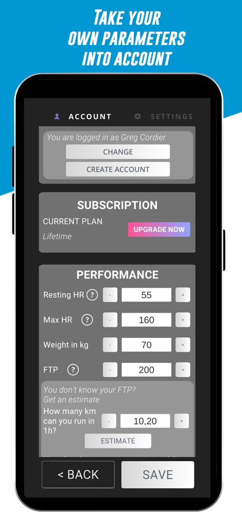 HR2VP Bike Training & Tracker - HR2VP app settings screen for configuring user performance parameters like heart rate and FTP