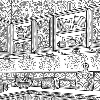 Celebrate love and diversity in your kitchen with this intricate Pride Month coloring page. Featuring under-cabinet lights, detailed appliances, and joyful symbols, it's perfect for adding your personal touch.
