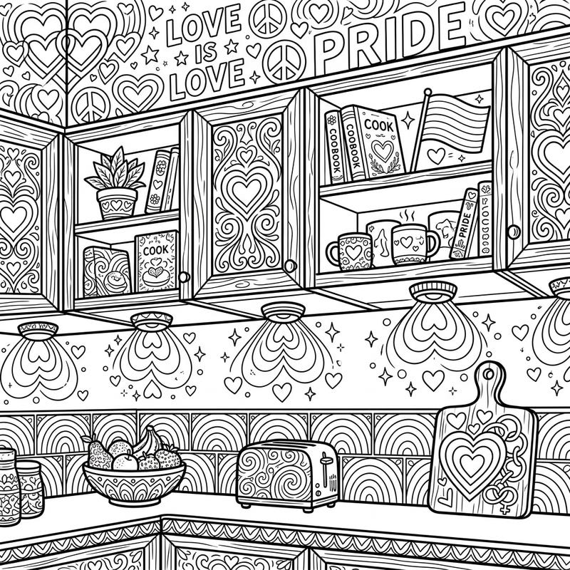 Celebrate love and diversity in your kitchen with this intricate Pride Month coloring page. Featuring under-cabinet lights, detailed appliances, and joyful symbols, it's perfect for adding your personal touch.