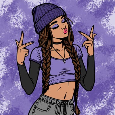 realistic teenage girl with braids and a beanie and crop top doing 🫶🏼
