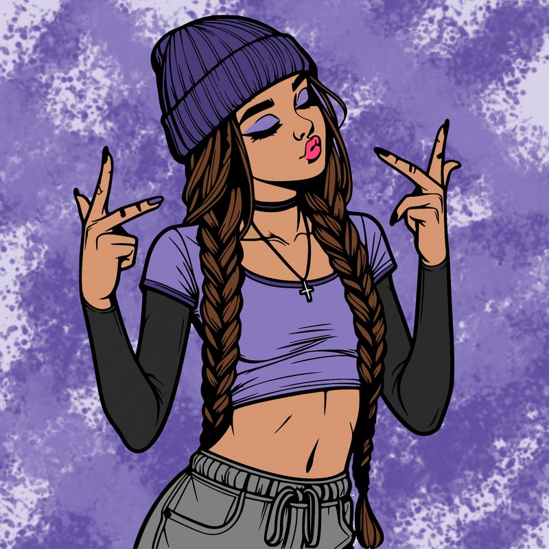 realistic teenage girl with braids and a beanie and crop top doing 🫶🏼