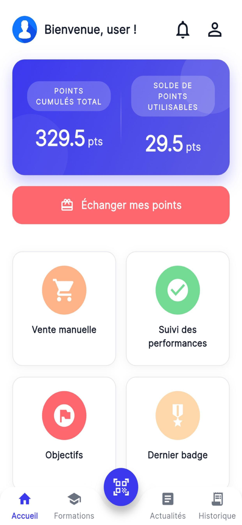 Novopharma MyChallenge - Main dashboard of the Novopharma MyChallenge app showing points balance and performance tracking modules.
