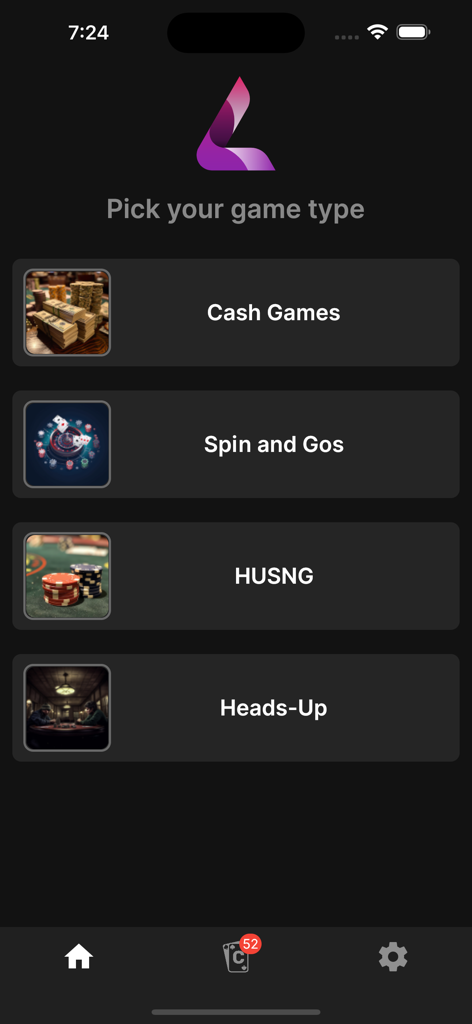 Lucid Poker Trainer app menu for choosing game types including Cash Games and Spin and Gos