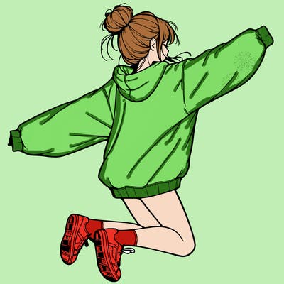 realistic girl jumping with a bun and oversized sweatshirt