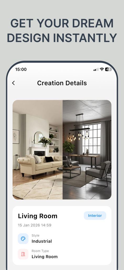 AI Home Deco Makeover Redecor - Split screen comparison showing a transition from a light living room to an industrial design style