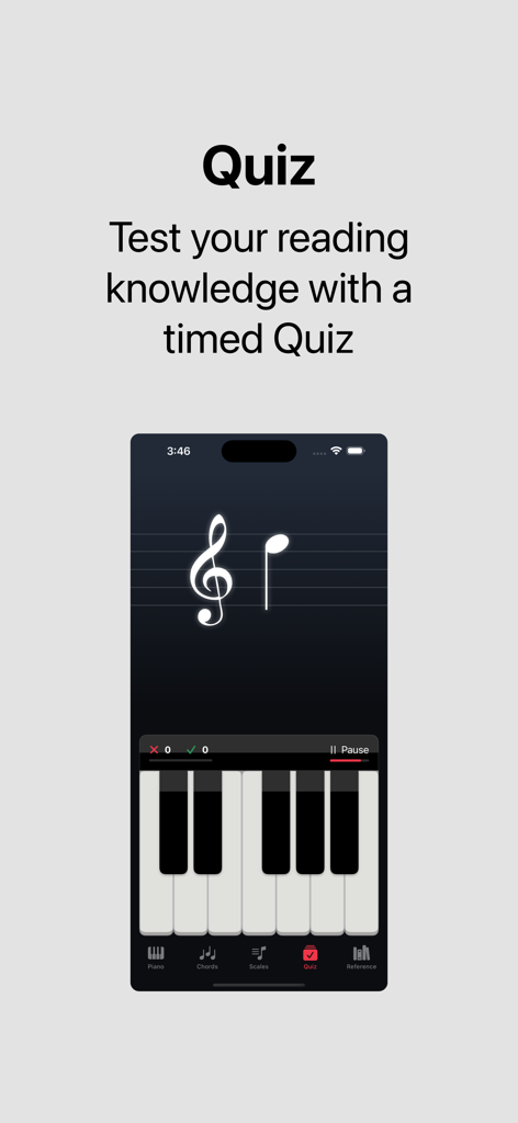 Nota - Chords & Scales Piano - Mobile Ansicht der Nota-App, die ein zeitgesteuertes Notenlesen-Quiz mit Notenlinien und Klaviertastatur zeigt.
