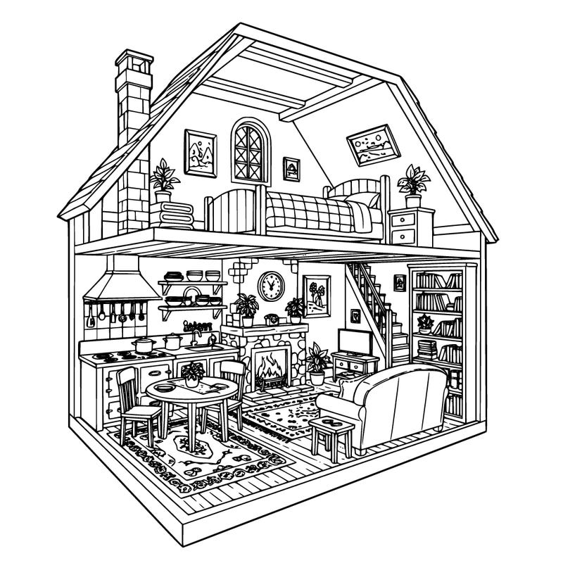 a small cottage shown in cutaway view revealing several rooms. the kitchen has a stove, table, and shelves with dishes. the living room has a couch, fireplace, and bookshelves. upstairs is a bedroom with a bed and small window. include details like rugs, plants, wooden beams, blankets, and framed pictures so there are warm home details for coloring.