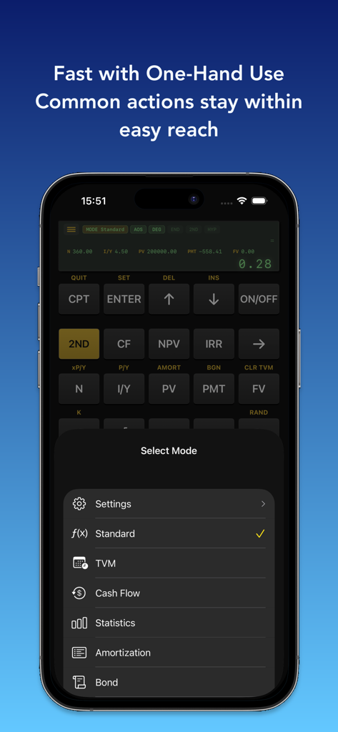 FinCalc: BA II Plus Emulator - FinCalc app interface showing mode selection menu with options for TVM Cash Flow and Bond calculations optimized for one hand use