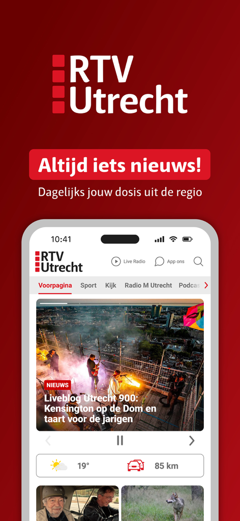 RTV Utrecht - RTV Utrecht mobile app interface showing regional news from the Utrecht province and local traffic updates