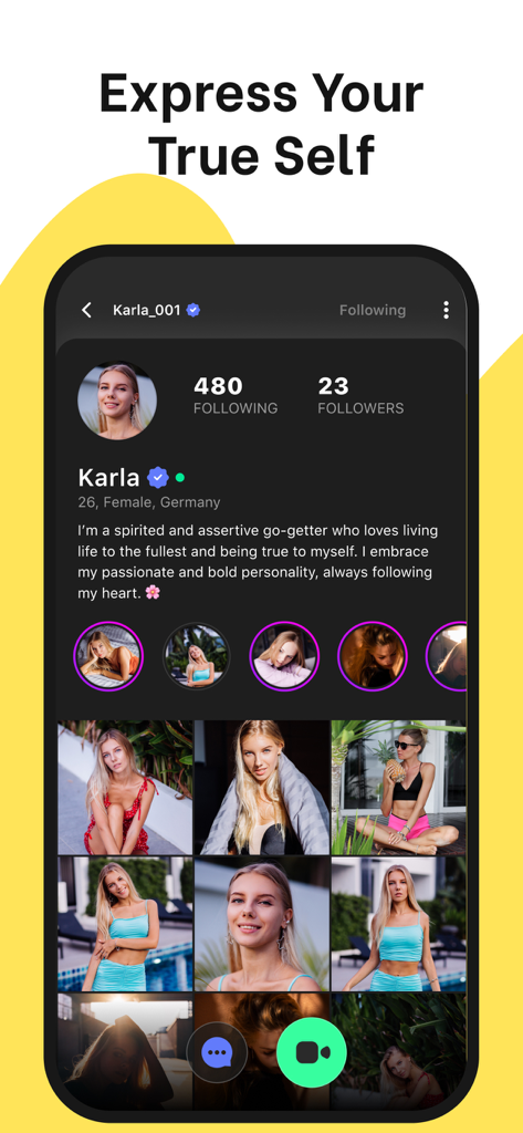 Juds- AI Friend & Chat - Una captura de pantalla móvil mostrando el perfil de un compañero IA en la aplicación Juds con un diseño estilo redes sociales y fotos
