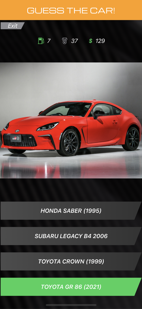Petrolhead: Car Quiz - Petrolhead: Car Quiz game screen featuring a red Toyota GR 86 with multiple choice guessing options.