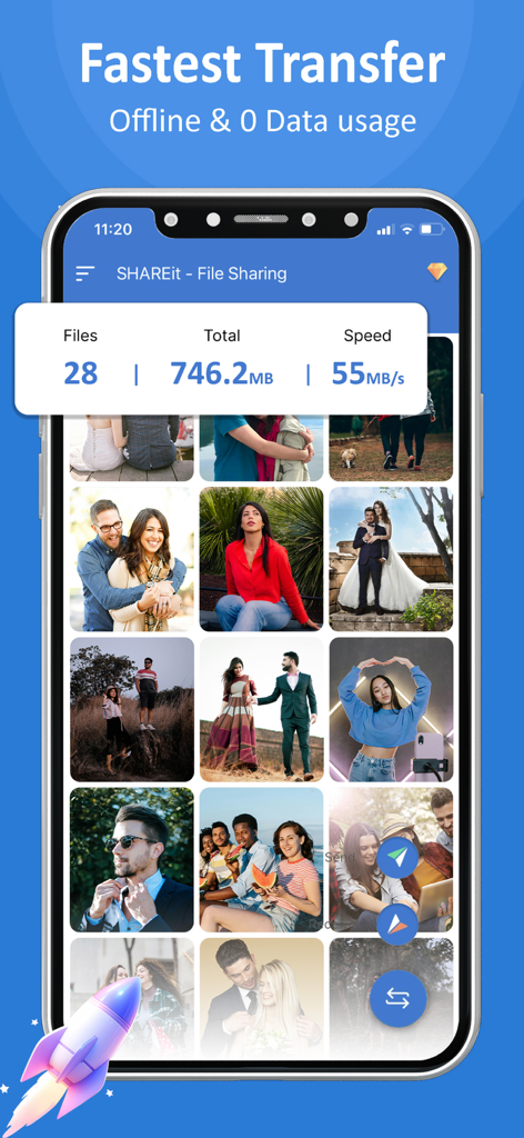 ShareKaro: File Share & Manage - ShareKaro app interface showing fast offline file transfer with high speed metrics and a photo gallery grid