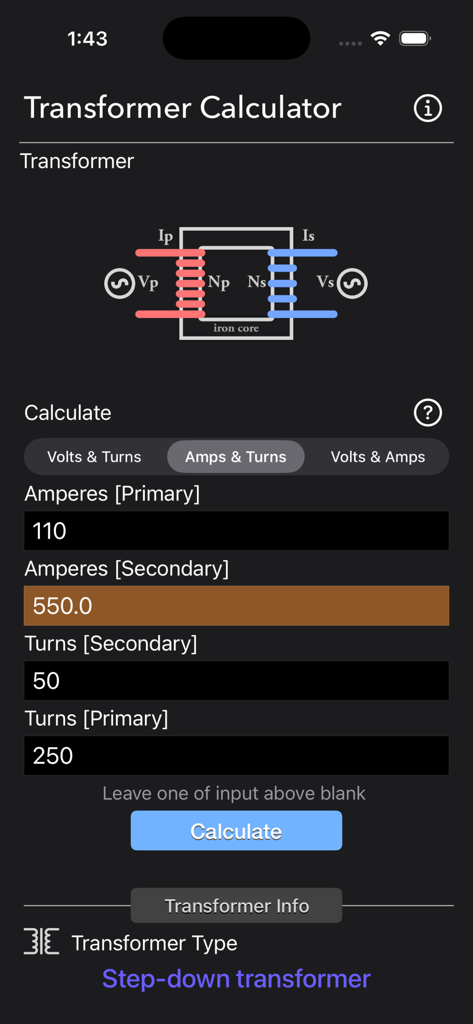 Transformer Calculator Plus app interface showing amps and turns ratio calculations for a step-down transformer
