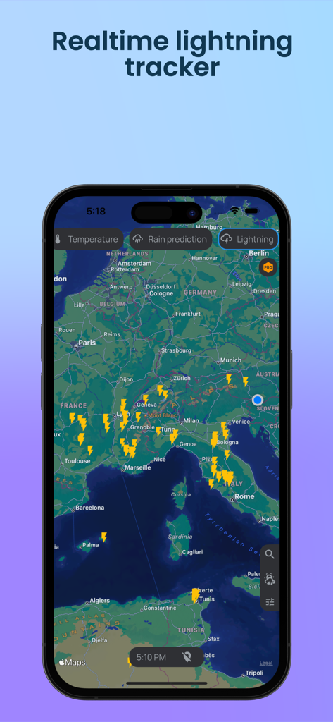 Rain Radar App - Realtime lightning tracker on the Rain Radar App map showing storm activity