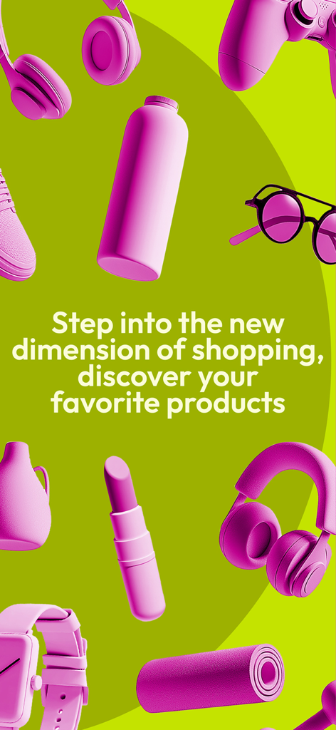 Bazr - Bazrライブショッピングアプリのプロモーション画面、緑色の背景に3Dピンクのライフスタイル製品とトレンディなアイテムが特徴